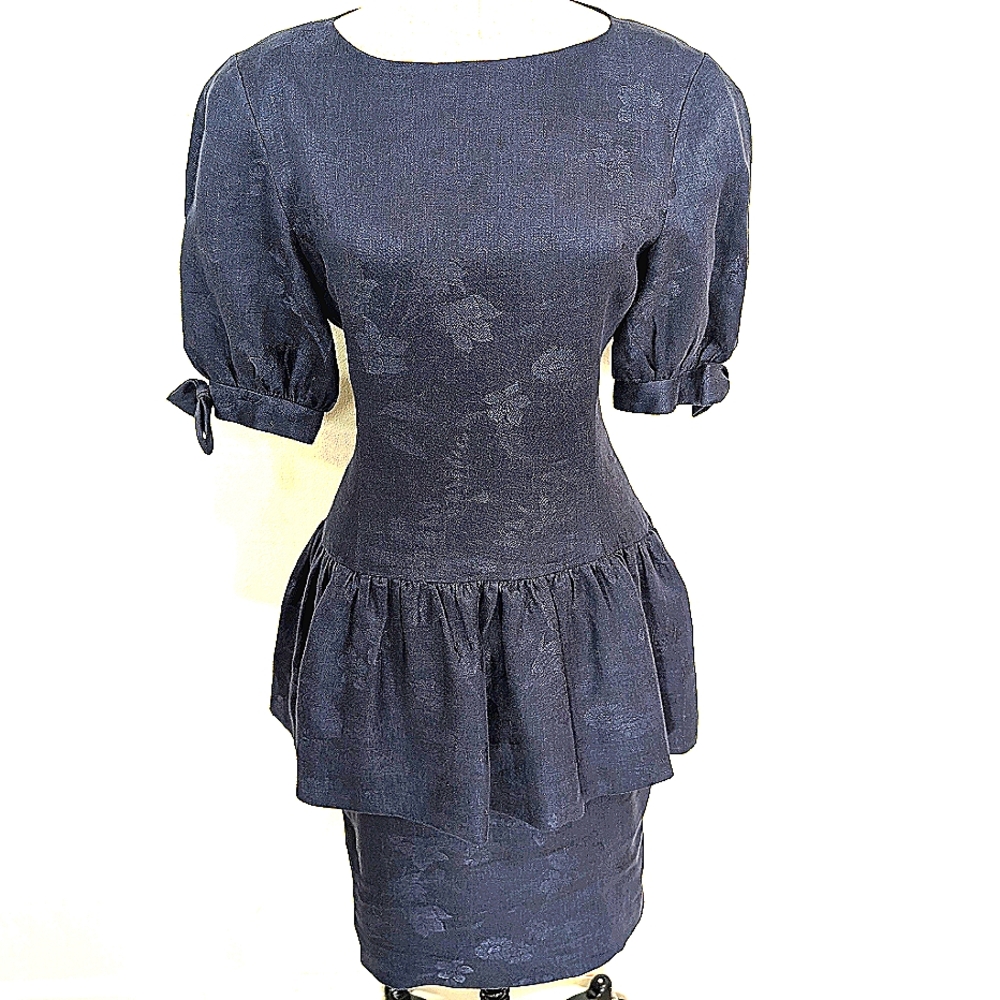 Vintage Albert Nipon linen peplum cocktail dress W puff sleeves W bows. Sz 6